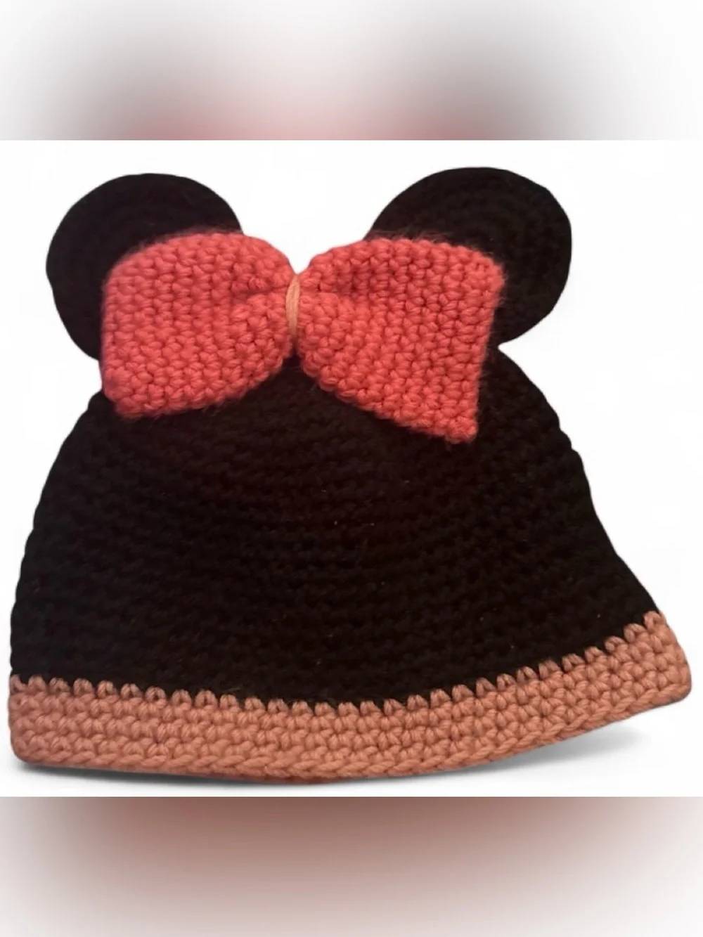 Kids Black Crochet Minnie  Mouse  Ear Hat with Pink Bow